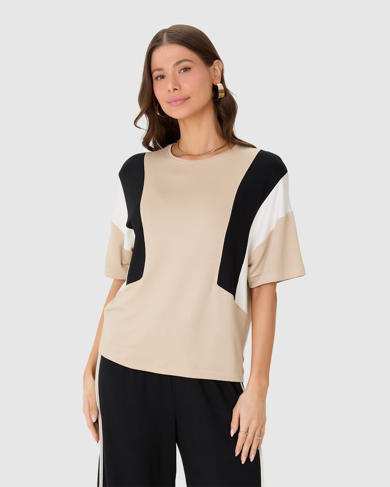 Blusa Ampla Feminina Com Recortes Contrastantes Em Moletinho De Viscose