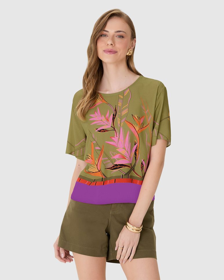 Blusa Boxy Feminina Manga Curta Estampa Digital Em Viscose