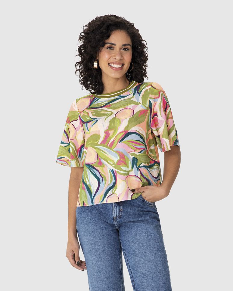 Blusa Ampla Feminina Estampada Gola Retilínea Em Viscolinho Texturizado
