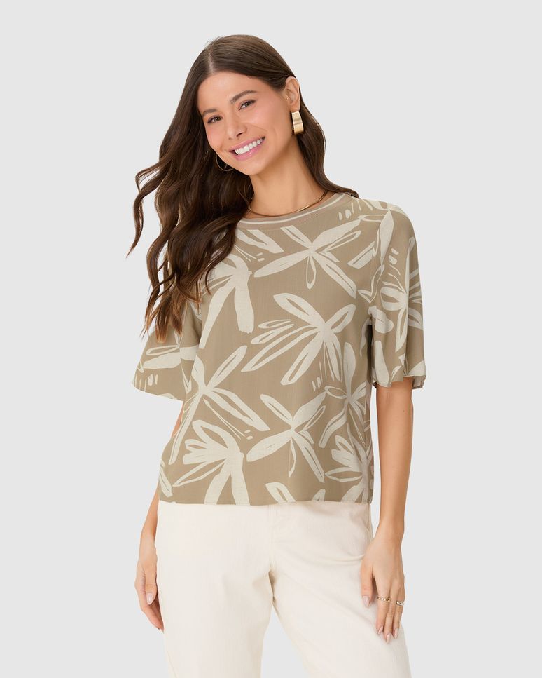 Blusa Ampla Feminina Estampada Gola Retilínea Em Viscolinho Texturizado
