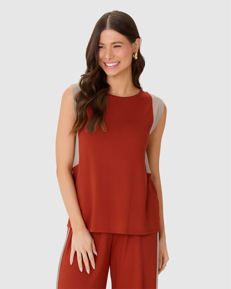 Regata Feminina Com Recorte Contrastante Em Moletinho De Viscose