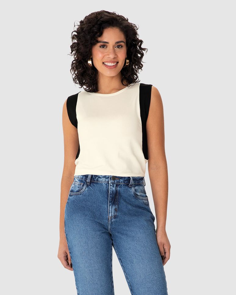 Regata Feminina Com Recorte Contrastante Em Moletinho De Viscose