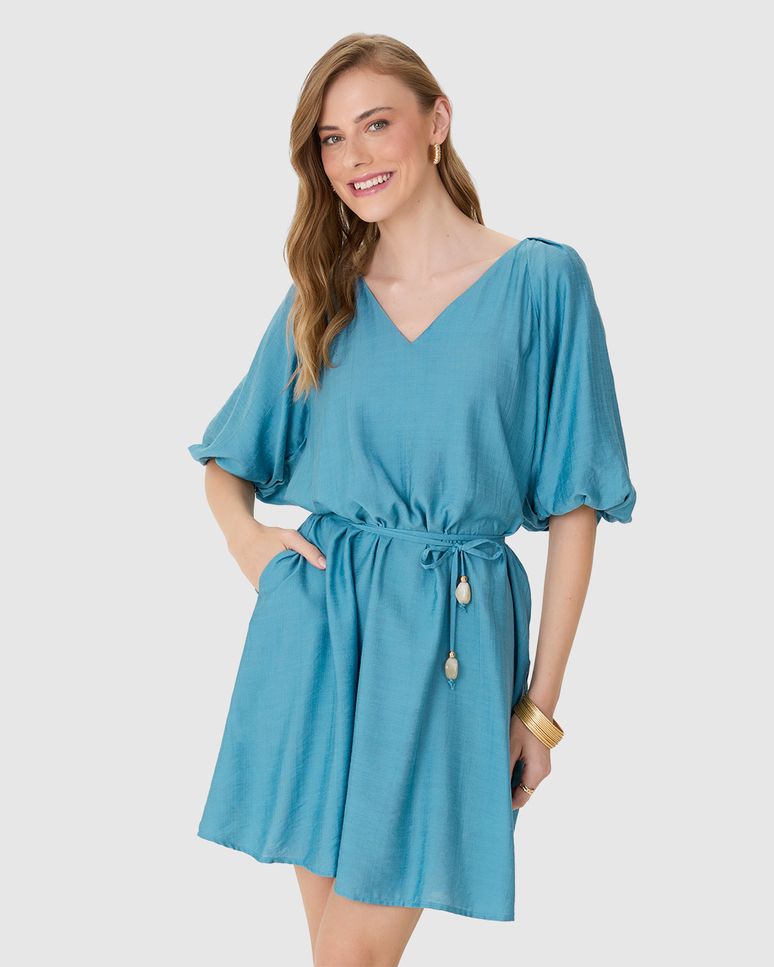 Vestido Feminino Evasê Detalhe Amarração Em Viscose Com Poliamida