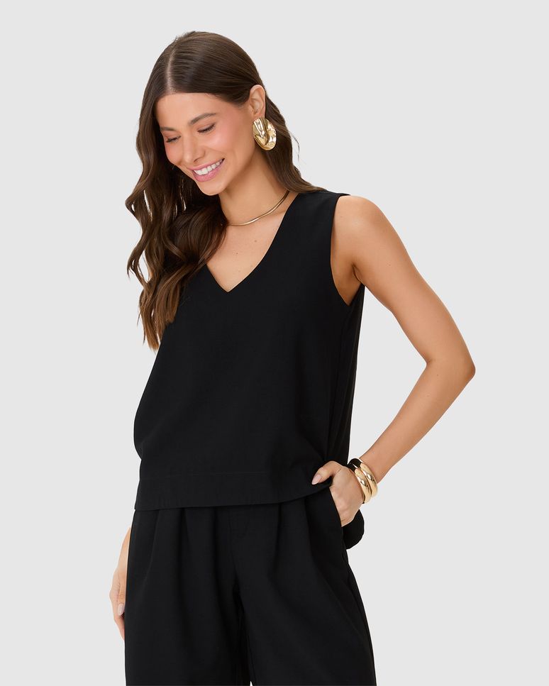 Regata Ampla Feminina Decote V Alça Larga Em Viscose Sarjada