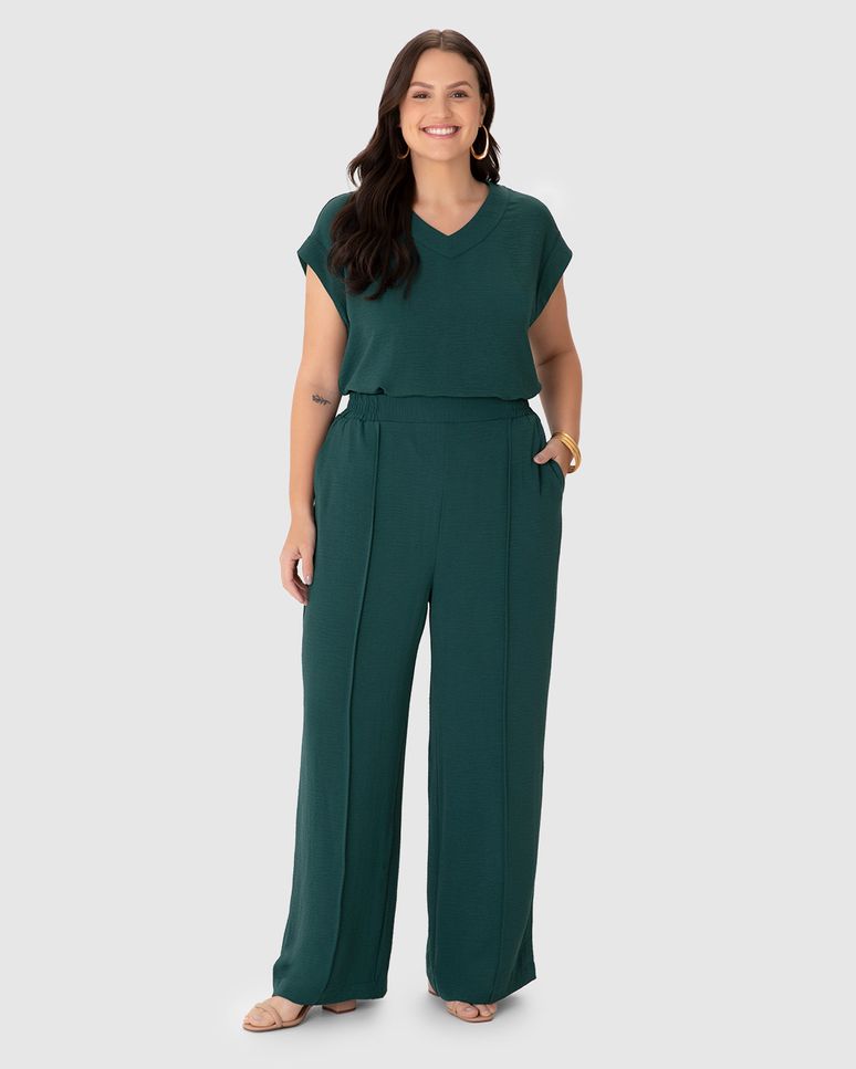 Calça Wide Leg Feminina Plus Size Bolso Faca Em Tecido Airflow