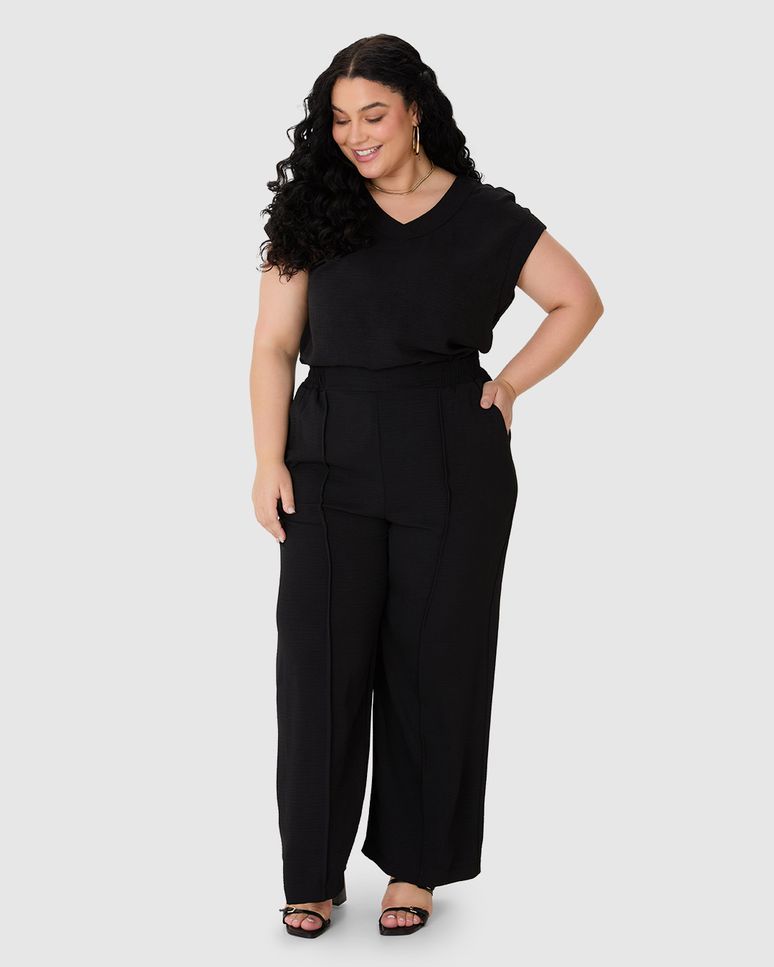 Calça Wide Leg Feminina Plus Size Bolso Faca Em Tecido Airflow