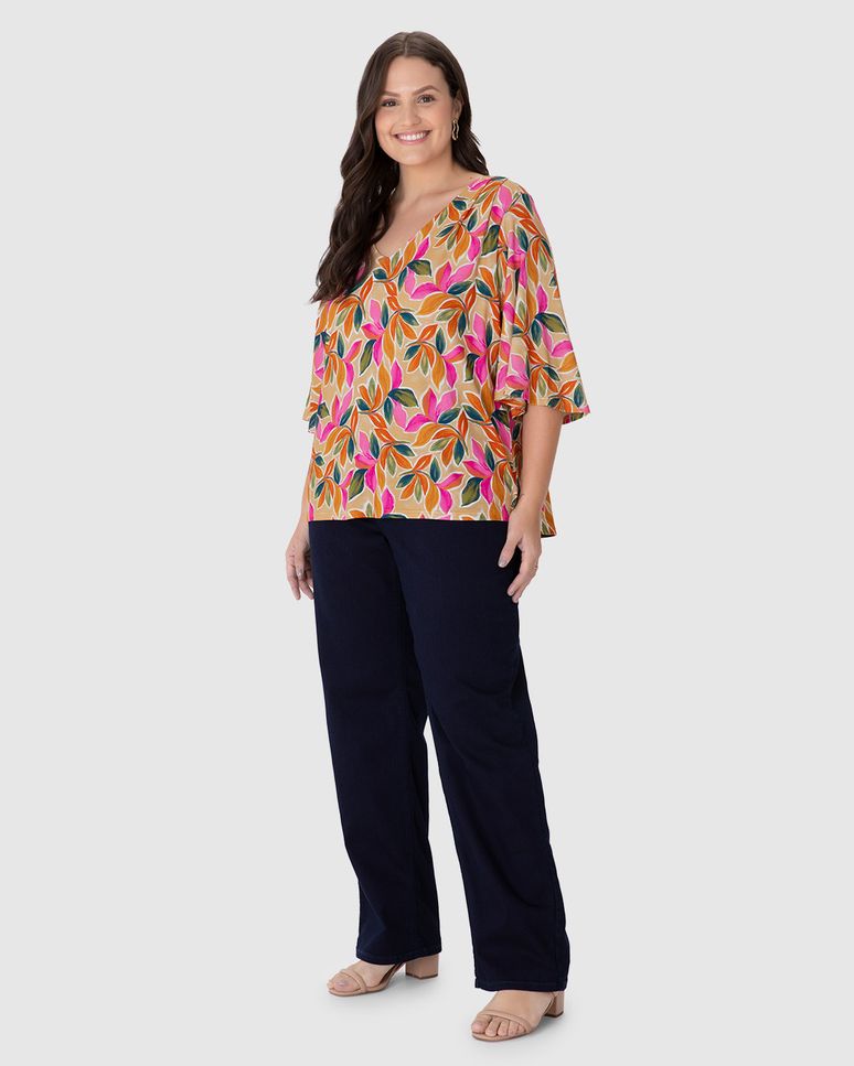 Blusa Feminina Plus Size Estampada Manga Ampla Em Viscose Stretch