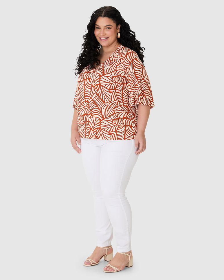Blusa Feminina Plus Size Estampada Manga Ampla Em Viscose Stretch