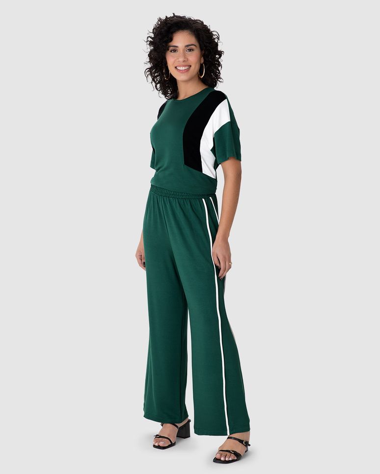 Calça Wide Leg Feminina Cós Elástico Em Moletinho De Viscose