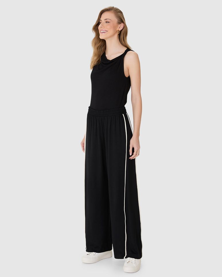 Calça Wide Leg Feminina Cós Elástico Em Moletinho De Viscose