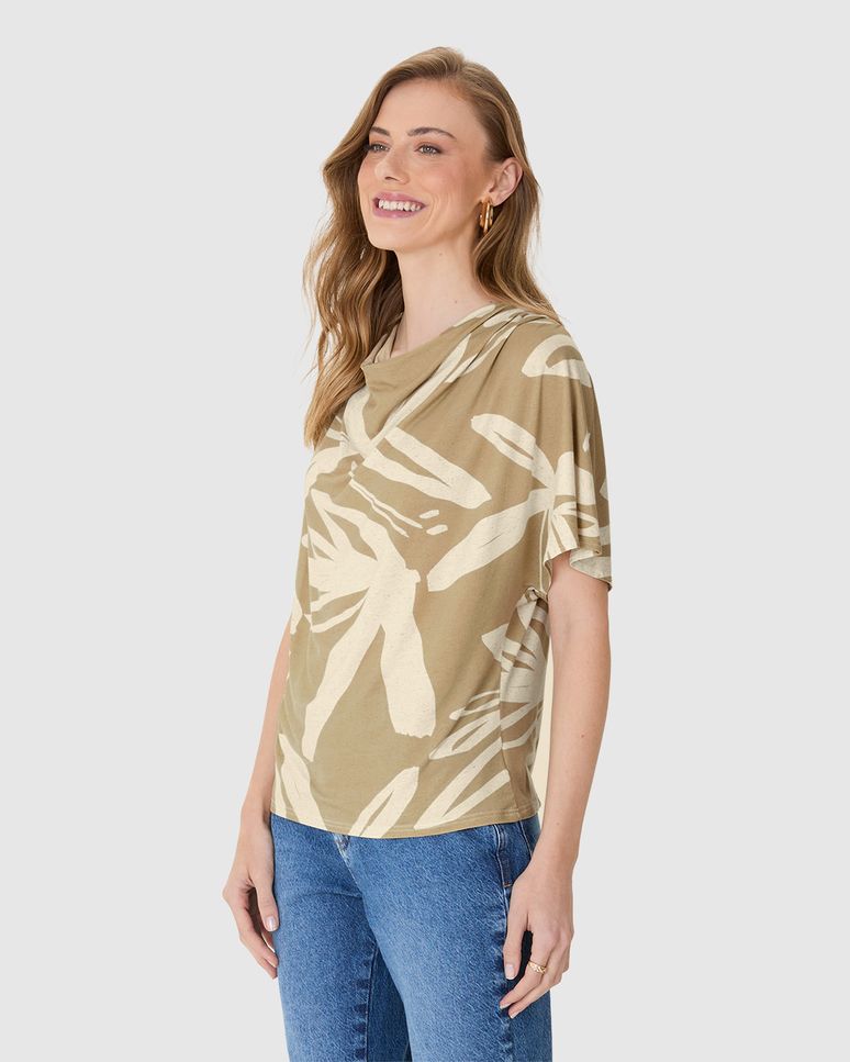 Blusa Ampla Feminina Estampada Decote Drapeado Em Malha Viscolinho Stretch