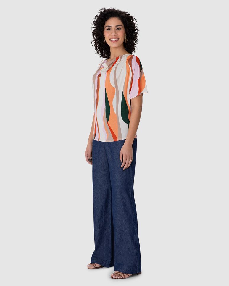 Blusa Ampla Feminina Estampada Decote Drapeado Em Malha Viscolinho Stretch