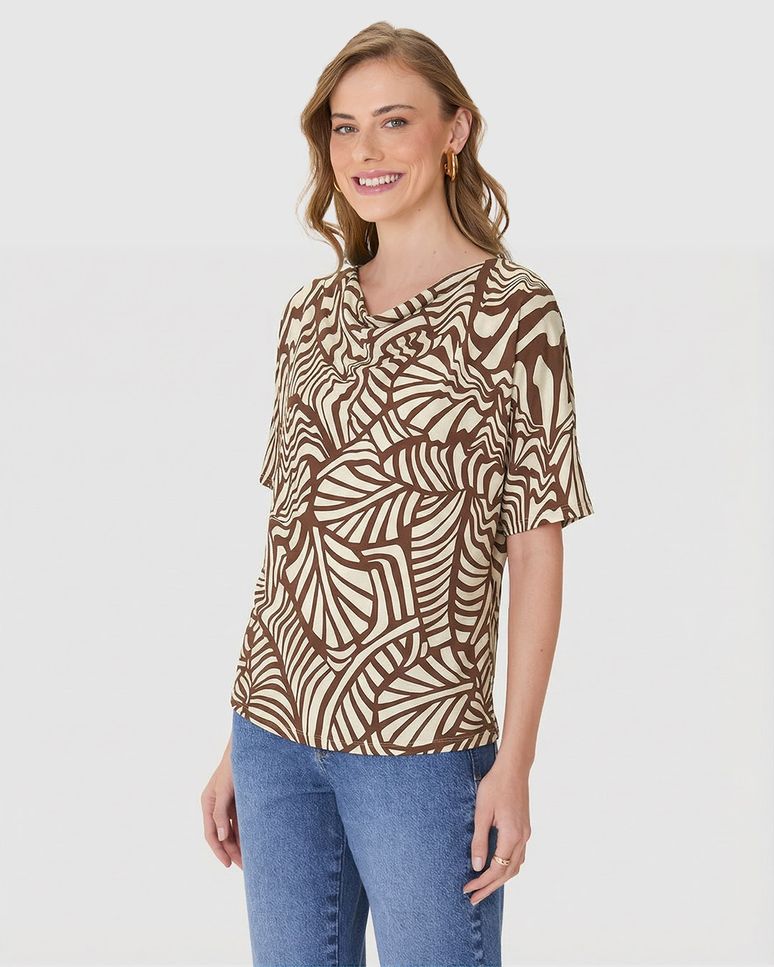 Blusa Ampla Feminina Estampada Decote Drapeado Em Malha Viscolinho Stretch