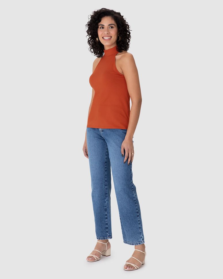 Regata Feminina Evasê Gola Alta Cavada Em Malha Viscose Canelada