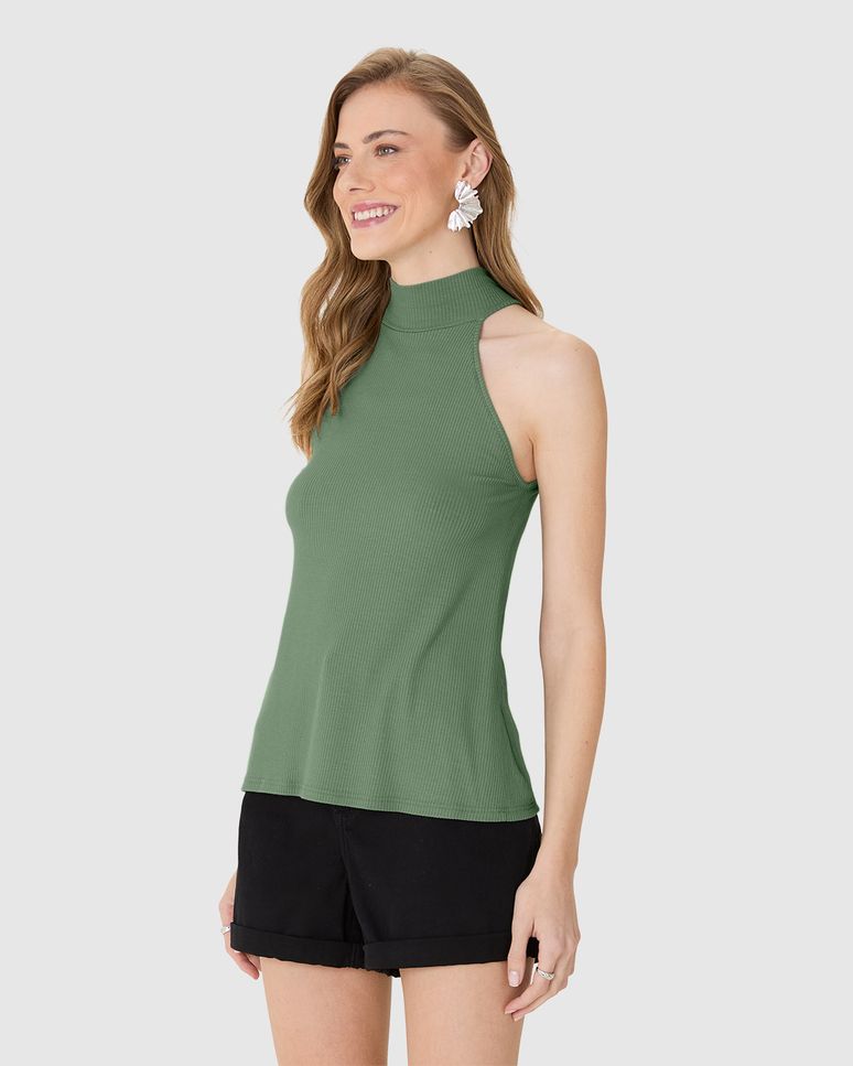 Regata Feminina Evasê Gola Alta Cavada Em Malha Viscose Canelada