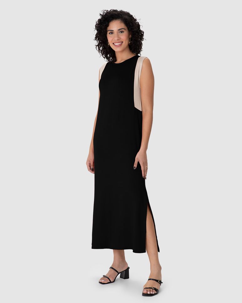 Vestido Midi Feminino Recorte Contrastante E Fenda Em Moletinho De Viscose