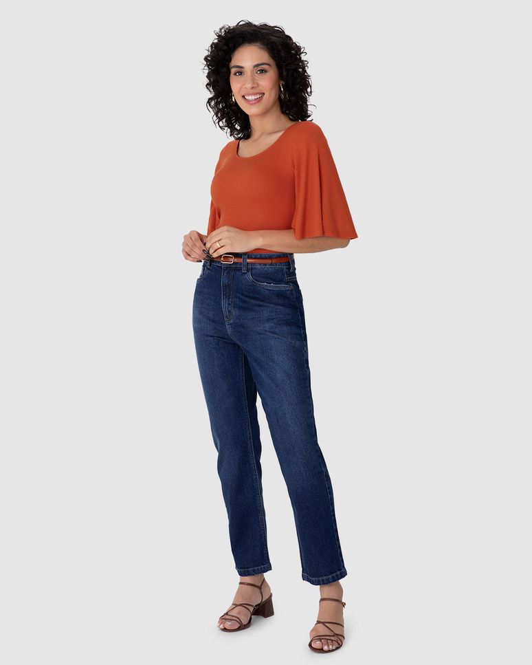 Blusa Justa Feminina Decote U Manga 3/4 Em Malha Viscose Canelada