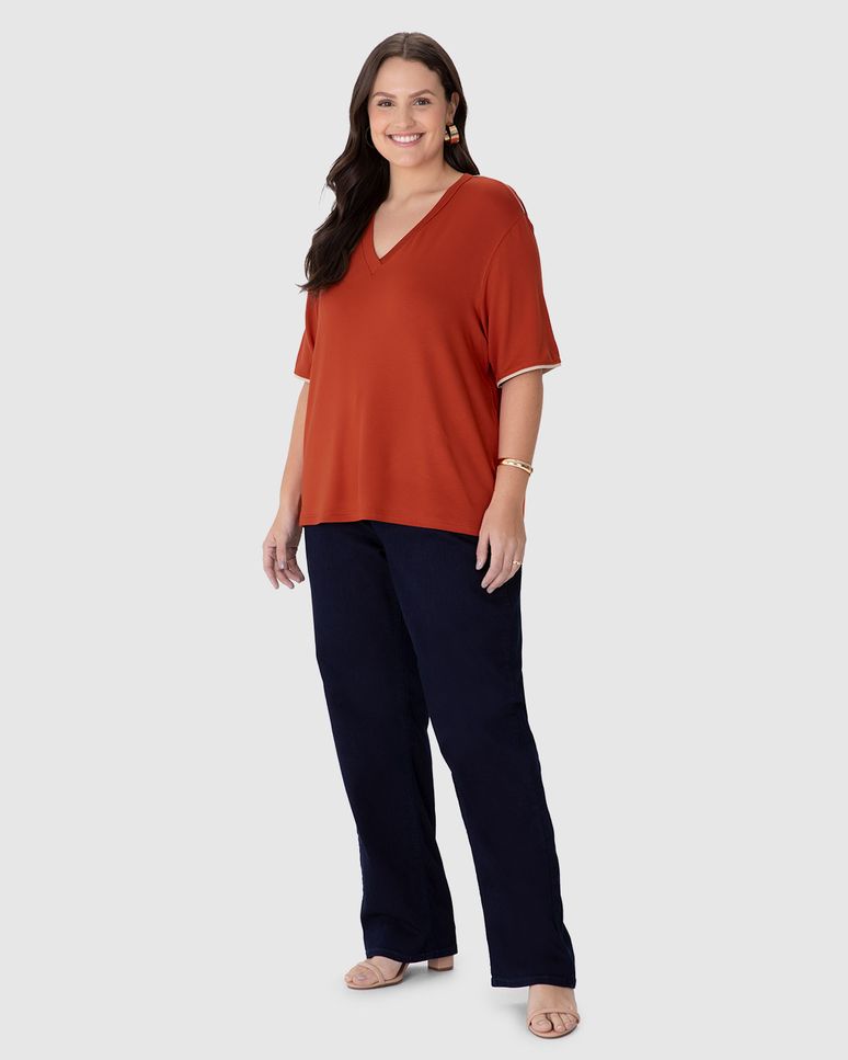 Blusa Feminina Plus Size Decote V Manga Curta Em Moletinho De Viscose