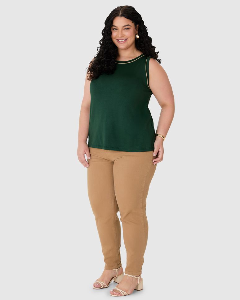 Regata Feminina Plus Size Detalhe Viés Contrastante Em Moletinho De Viscose