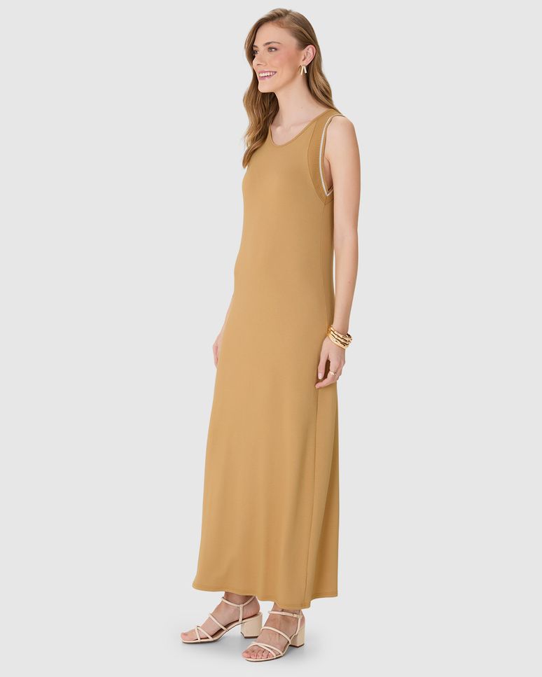 Vestido Midi Feminino Detalhe Retilínea Em Viscose Stretch