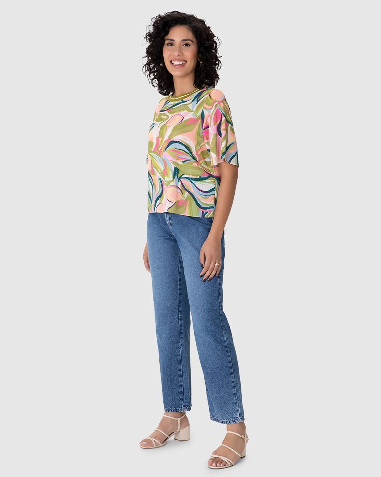 Blusa Ampla Feminina Estampada Gola Retilínea Em Viscolinho Texturizado
