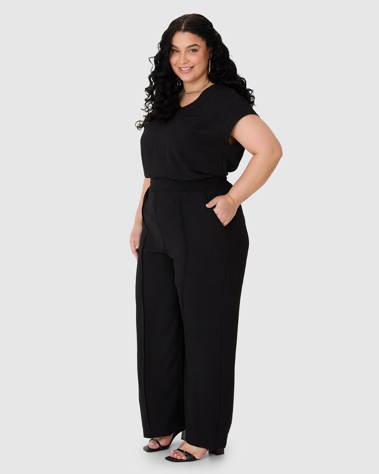 Calça Wide Leg Feminina Plus Size Bolso Faca Em Tecido Airflow