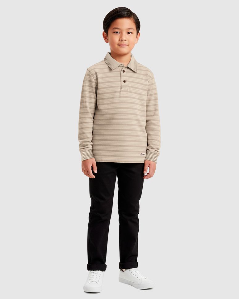 Conjunto Menino Camisa Polo Malha Listrada E Calça Sarja Stretch - Carinhoso