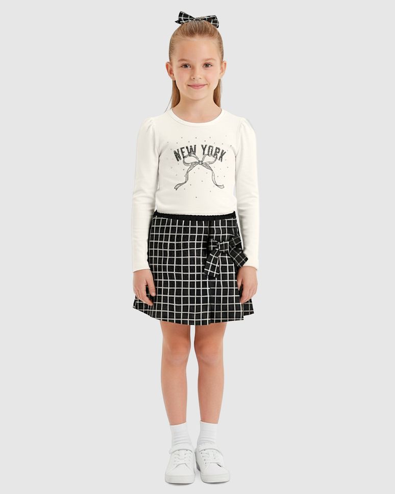 Conjunto Menina Blusa New YorK E Shorts Saia Em Piquet Geométrico - Carinhoso