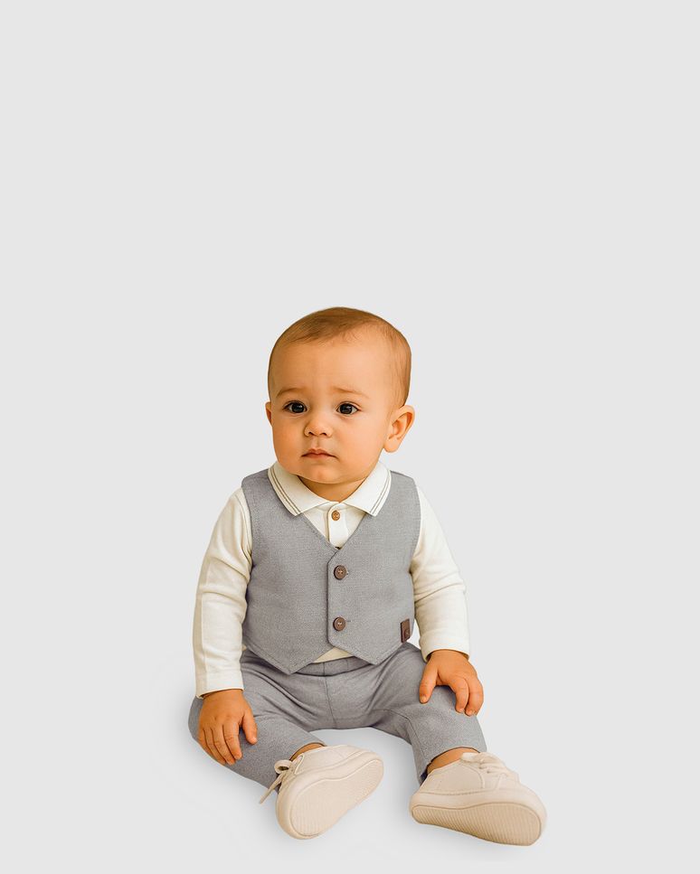Conjunto Bebê Menino Body Polo + Colete + Calça Moletom Piquet - Carinhoso