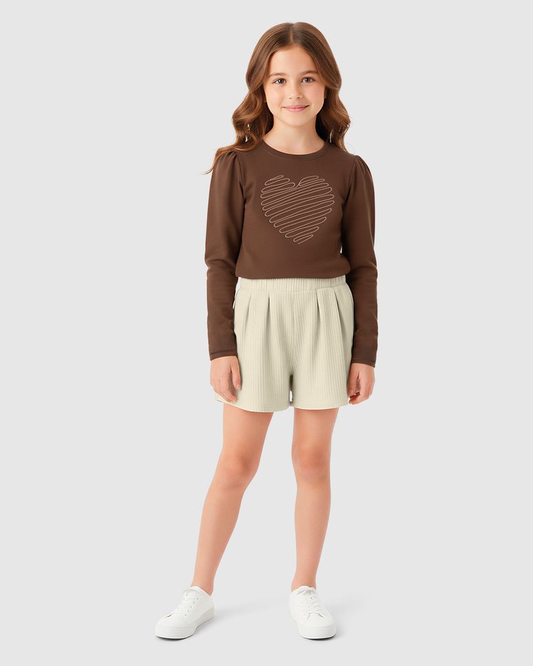 Conjunto Menina Blusa Manga Longa Bordado Coração E Shorts - Carinhoso