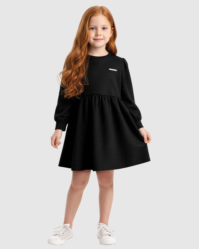Vestido Menina Acinturado Manga Longa Em Jacquard Texturizado - Carinhoso