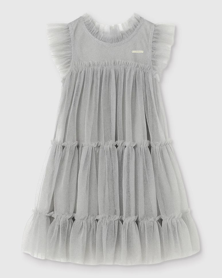 Vestido Menina Camadas Com Plaqueta Decorativa Em Tule - Carinhoso