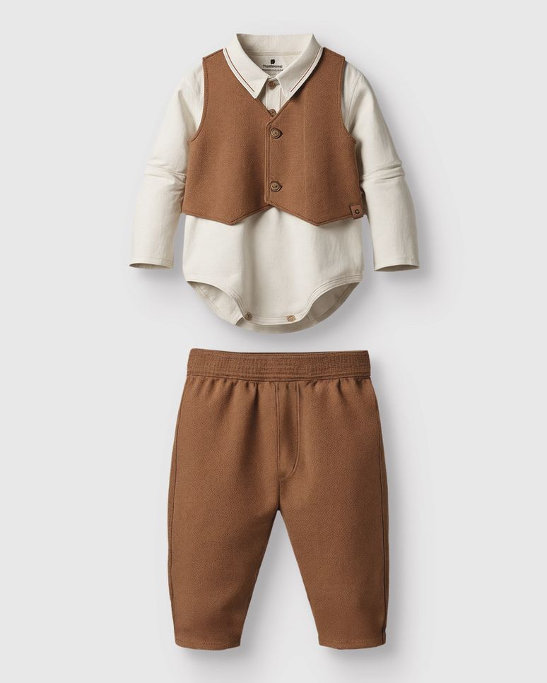 Conjunto Bebê Menino Body Polo + Colete + Calça Moletom Piquet - Carinhoso