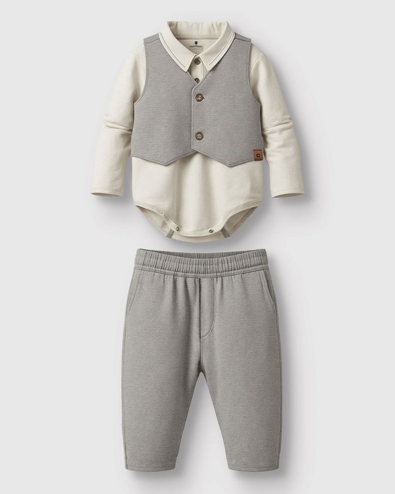 Conjunto Bebê Menino Body Polo + Colete + Calça Moletom Piquet - Carinhoso