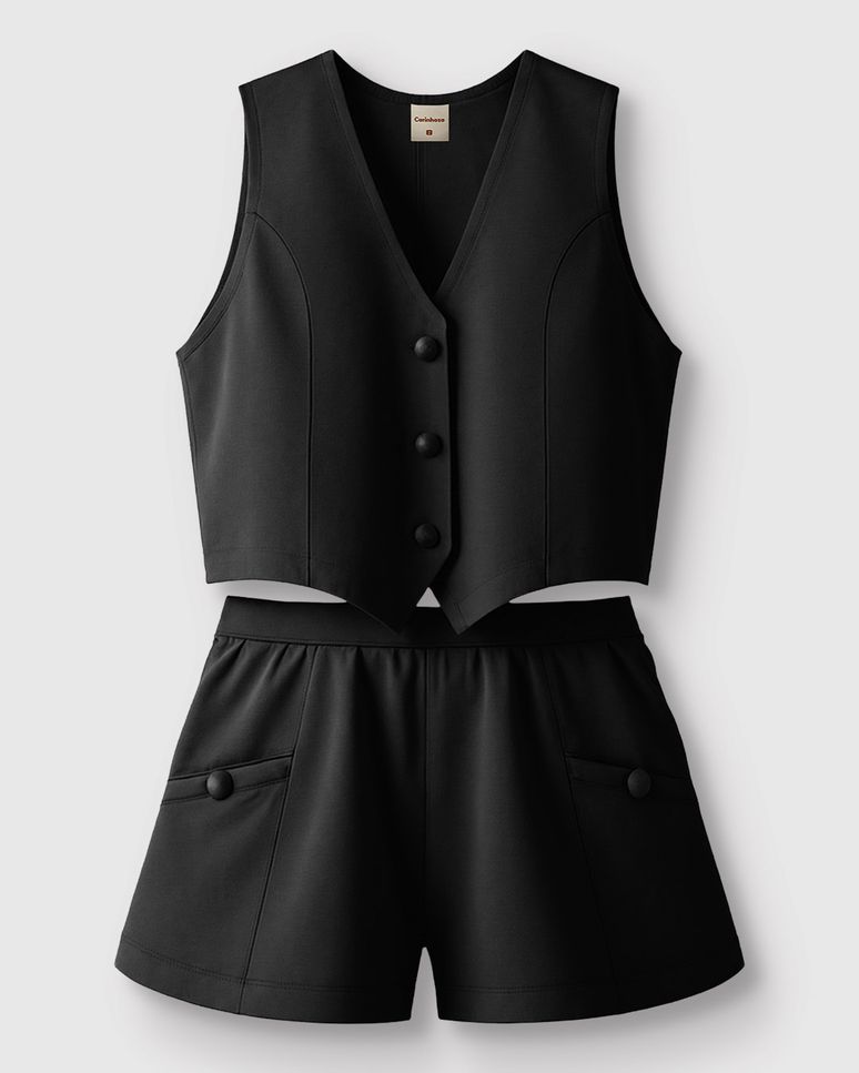 Conjunto Menina Colete Botões Frontais E Shorts Em Corino - Carinhoso