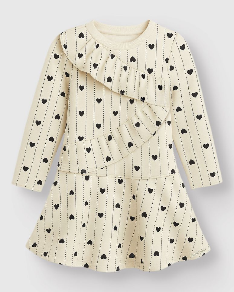 Vestido Menina Estampa Corações Babados Frontais Moletom Stretch - Carinhoso