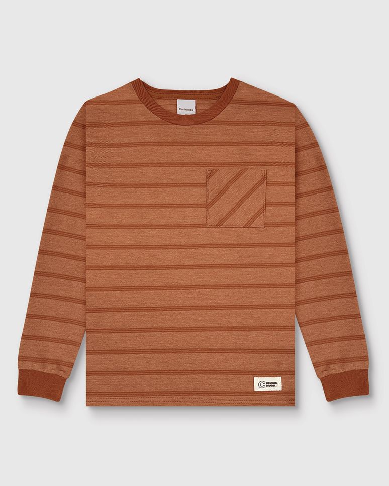 Camiseta Menino Bolso Funcional Manga Longa Em Malha Listrada - Carinhoso