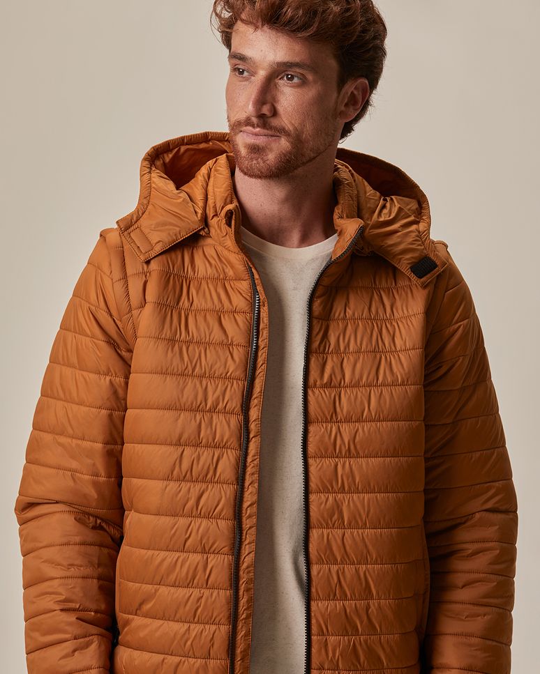 Jaqueta Puffer Masculina Manga E Capuz Removíveis Em Nylon