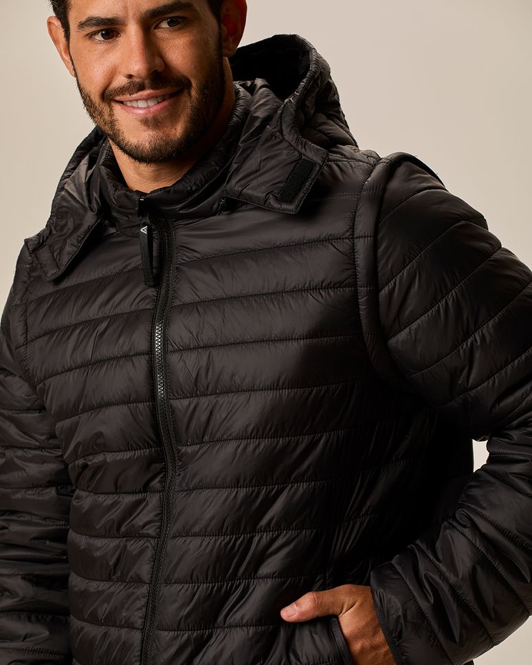Jaqueta Puffer Masculina Manga E Capuz Removíveis Em Nylon