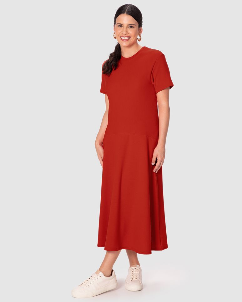 Vestido Midi Feminino Amplo Recorte Frontal Em Malha Canelada Texturizada