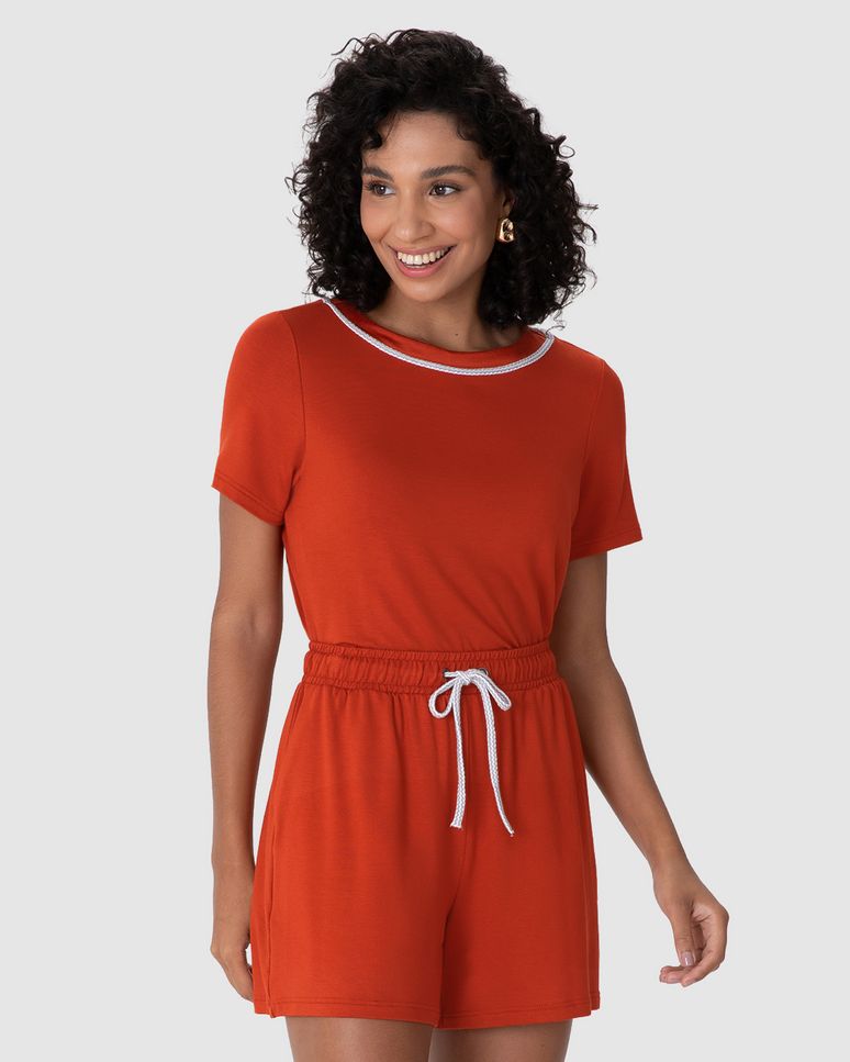 Conjunto Feminino Blusa Gola Detalhada E Shorts Em Moletinho De Viscose