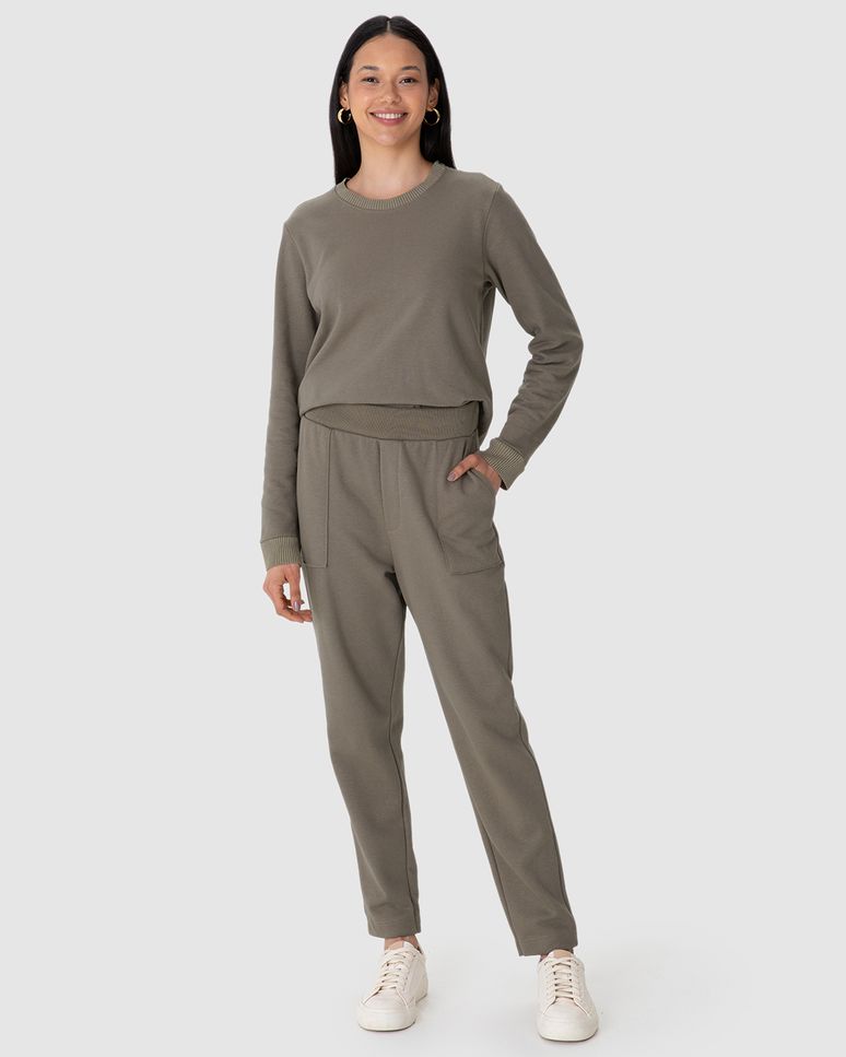 Calça Feminina Carrot Cós Elástico Bolso Funcional Em Moletom Linho