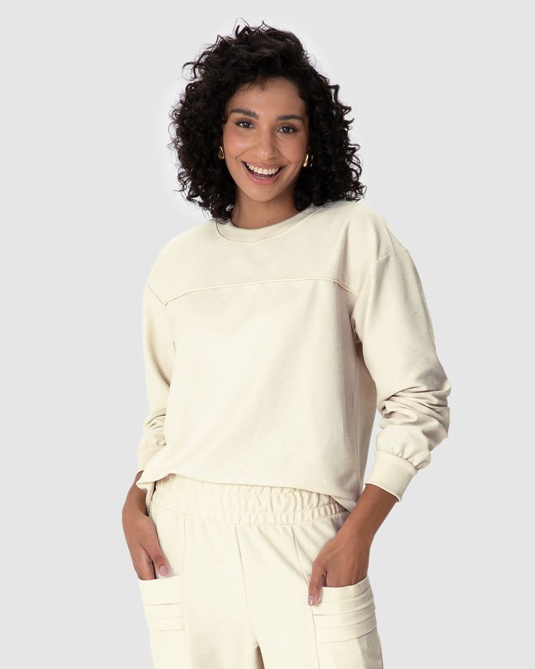 Blusão Feminino Recorte Frontal Punho Ajustado Em Moletom Sarjado