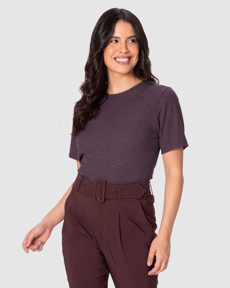 Blusa Ampla Feminina Manga Curta Em Malha Canelada Rajada