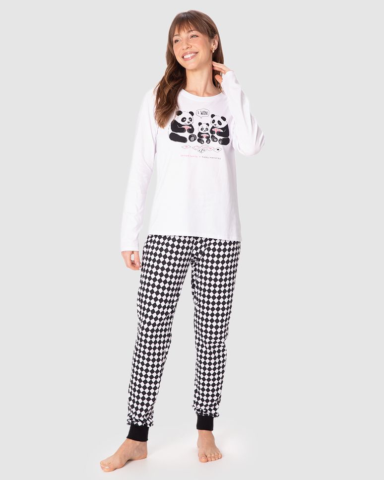 Pijama Feminino Blusa Manga Longa E Calça Estampada Em Algodão