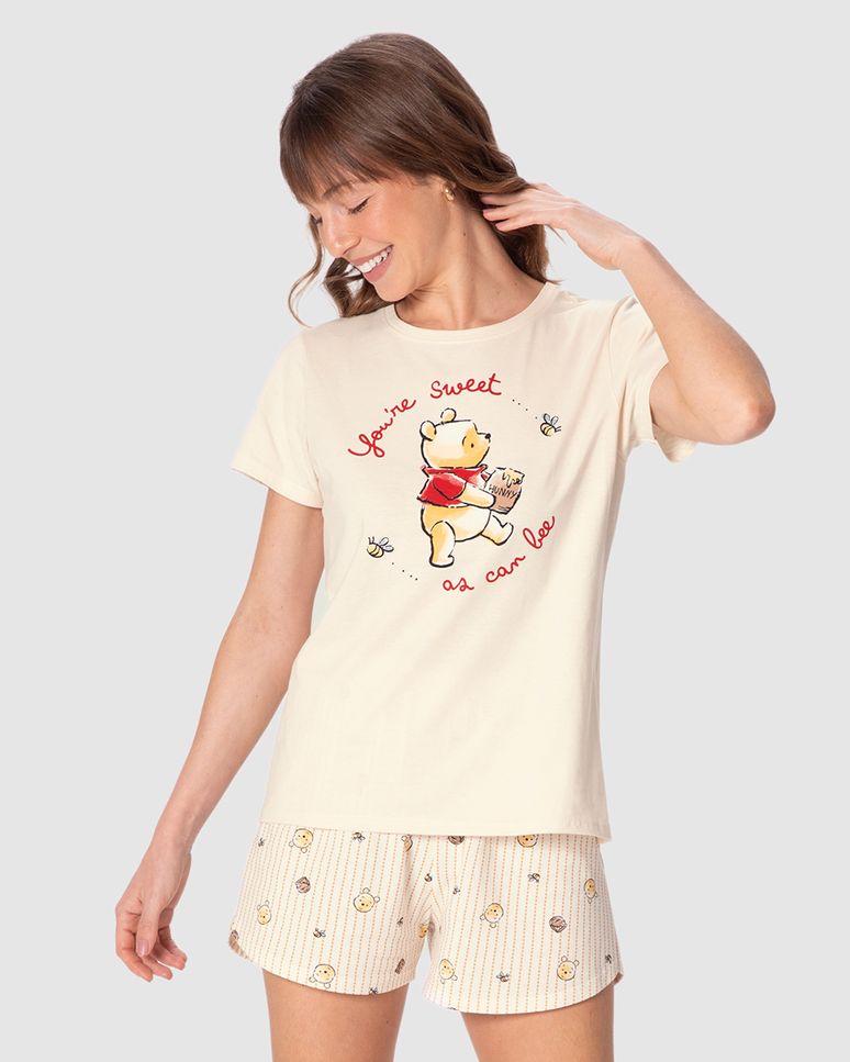 Pijama Curto Feminino Estampa Ursinho Pooh Disney Em Algodão