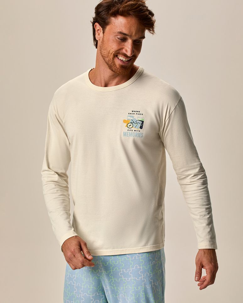 Pijama Masculino Camiseta Manga Longa E Calça Estampada Em Algodão
