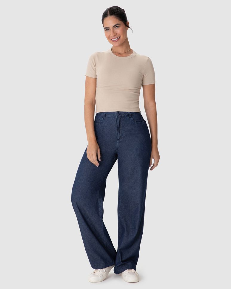 Calça Wide Leg Feminina Bolso Costas Em Jeans 100% Algodão