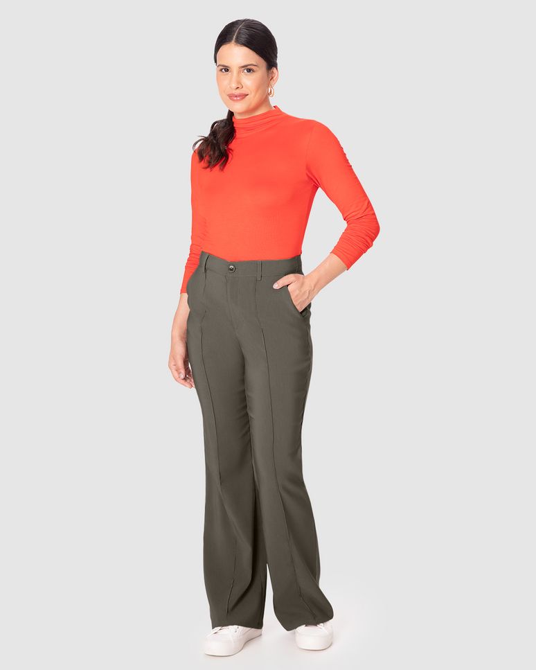 Calça Feminina Bootcut Recorte Frontal Bolso Faca Em Crepe Stretch