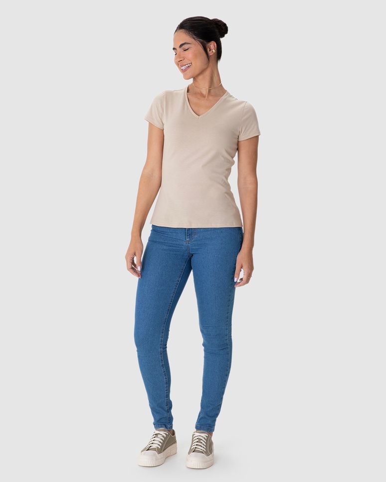 Calça Skinny Feminina Cintura Média Bolso Funcional Em Jeans Stretch